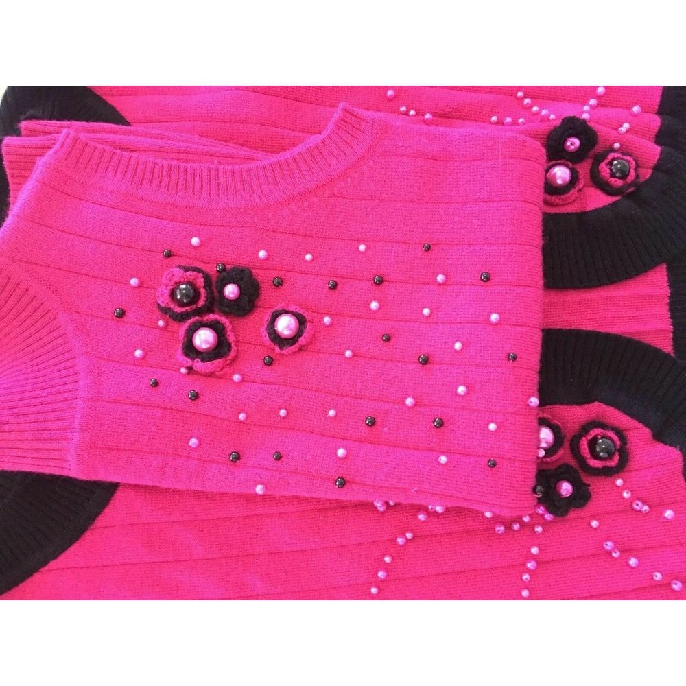 Juliana Women's Cardigan Sweater + Blouse Set Knit Embellished Fucsia Black S - Picture 7 of 12